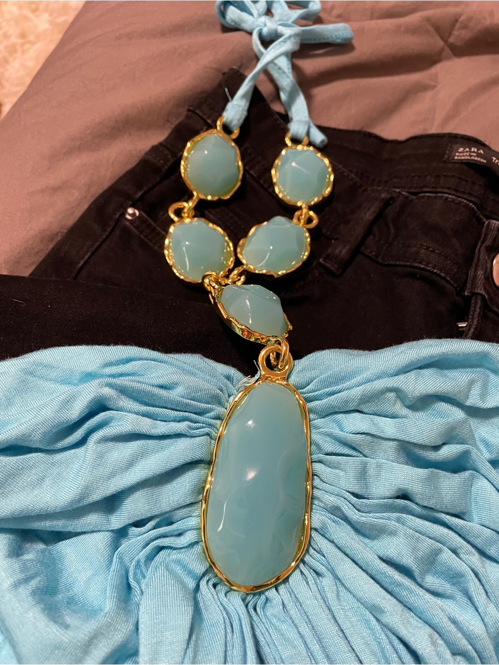 Zara black denim jeans size 6/Boston Proper Turquoise Halter top w/Gems Womens M - Picture 2 of 9